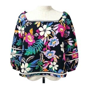 C&C California Women's XL Floral Puff Sleeve Blouse Square Neck Linen